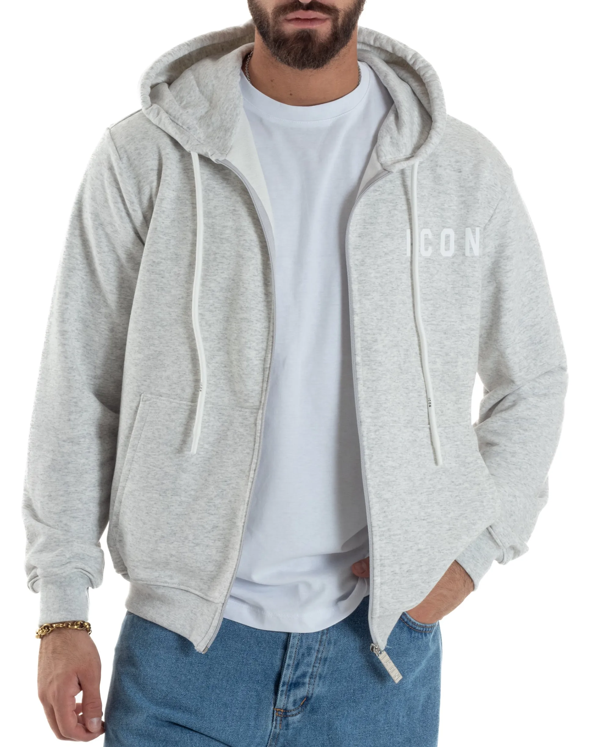 Felpa Uomo Cappuccio Zip Marsupio Stampa Regular Fit Basic Grigio Chiaro ICON ICUF2W6F007