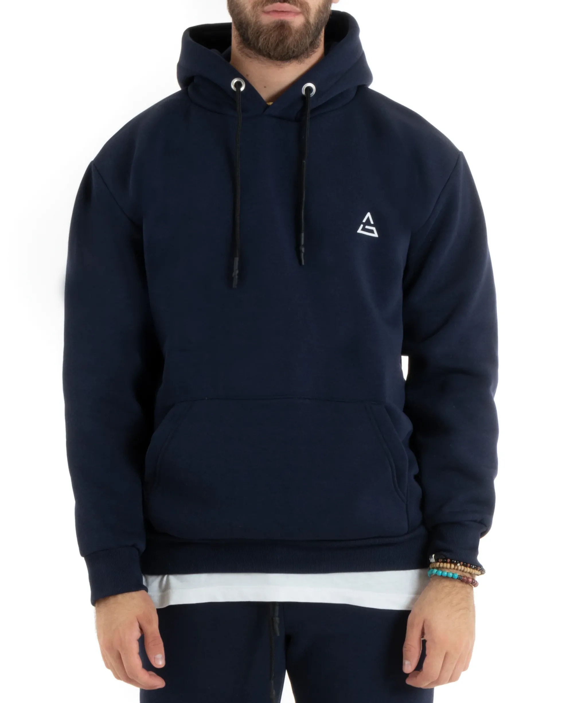 Felpa Uomo Con Cappuccio Maglia Felpata Basic Tinta Unita Blu Regular Fit GIOSAL-F3017A