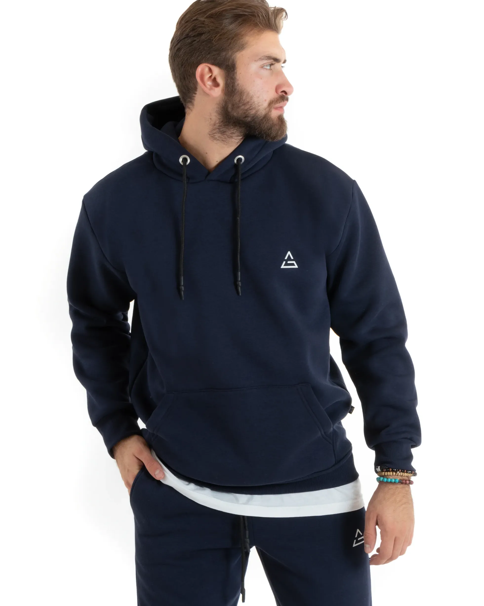 Felpa Uomo Con Cappuccio Maglia Felpata Basic Tinta Unita Blu Regular Fit GIOSAL-F3017A