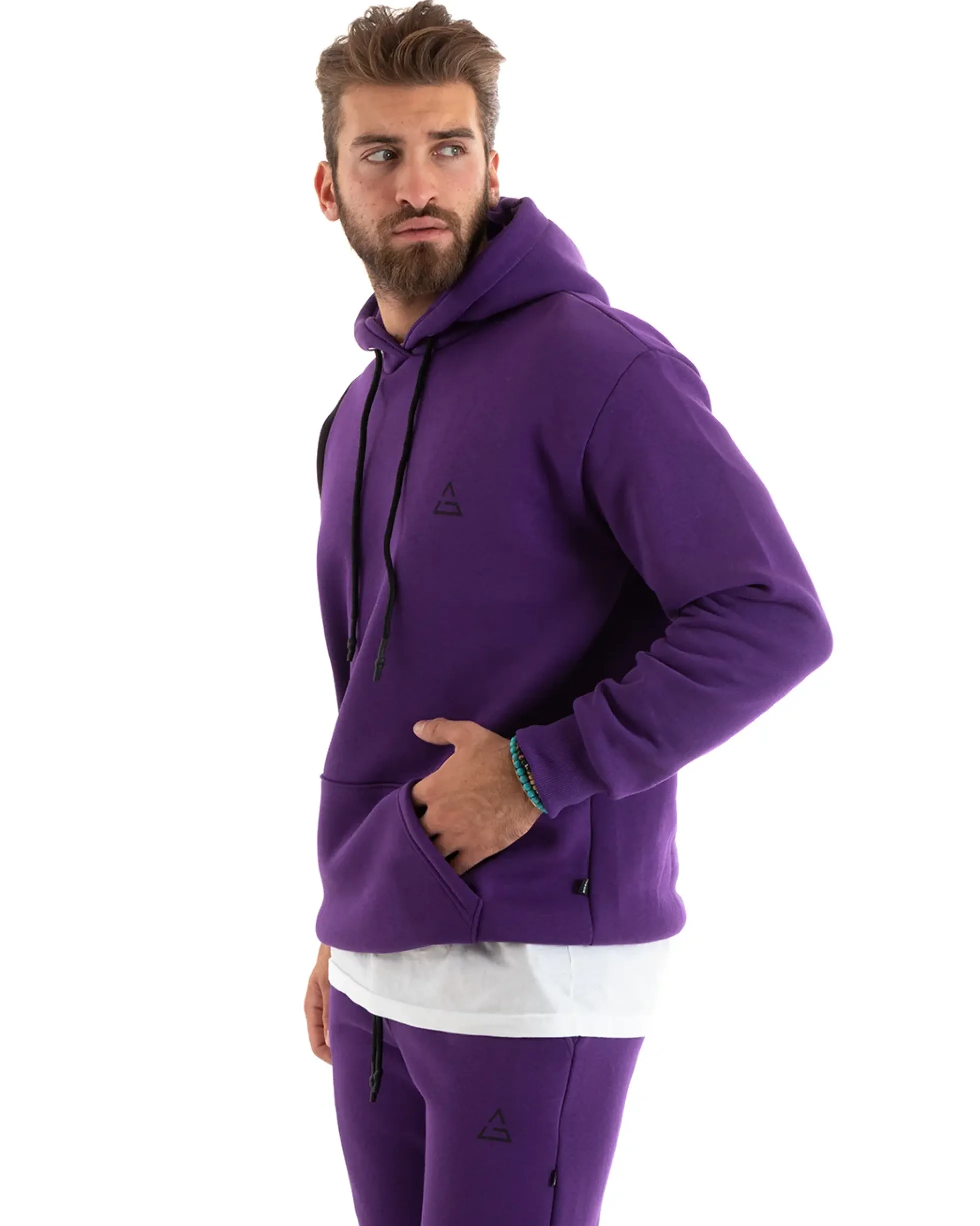 Felpa Uomo Con Cappuccio Maglia Felpata Basic Tinta Unita Bicolore Viola Regular Fit GIOSAL-F3012A