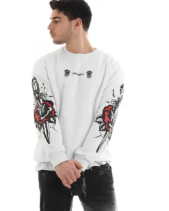Felpa Uomo Girocollo Maglia Oversize Stampa Bianco GIOSAL-F2987A