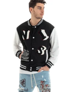 Felpa Uomo Giubbotto College Varsity Stampa Con Patch Giaccone Caldo Bicolore Casual Nero GIOSAL-F2973A