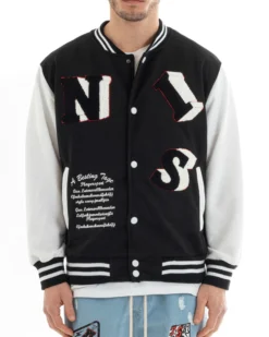 Felpa Uomo Giubbotto College Varsity Stampa Con Patch Giaccone Caldo Bicolore Casual Nero GIOSAL-F2973A