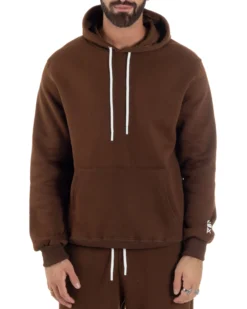 Felpa Uomo Hoodie Con Cappuccio Logo Felpata Comoda Marrone Berna M-252019