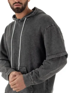 Felpa Uomo Long Sleeve Doppio Strato Slavata Boxy Fit Cappuccio Nero F3076A