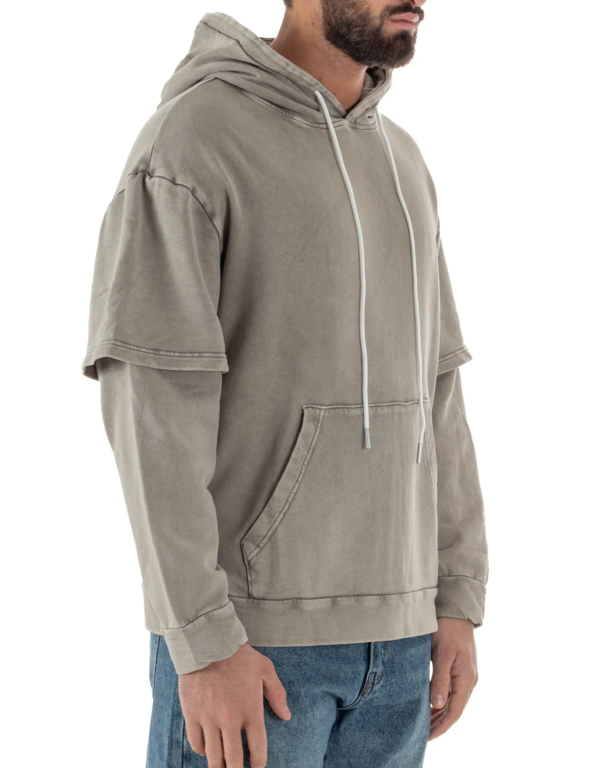 Felpa Uomo Long Sleeve Doppio Strato Slavata Boxy Fit Cappuccio Beige F3077A