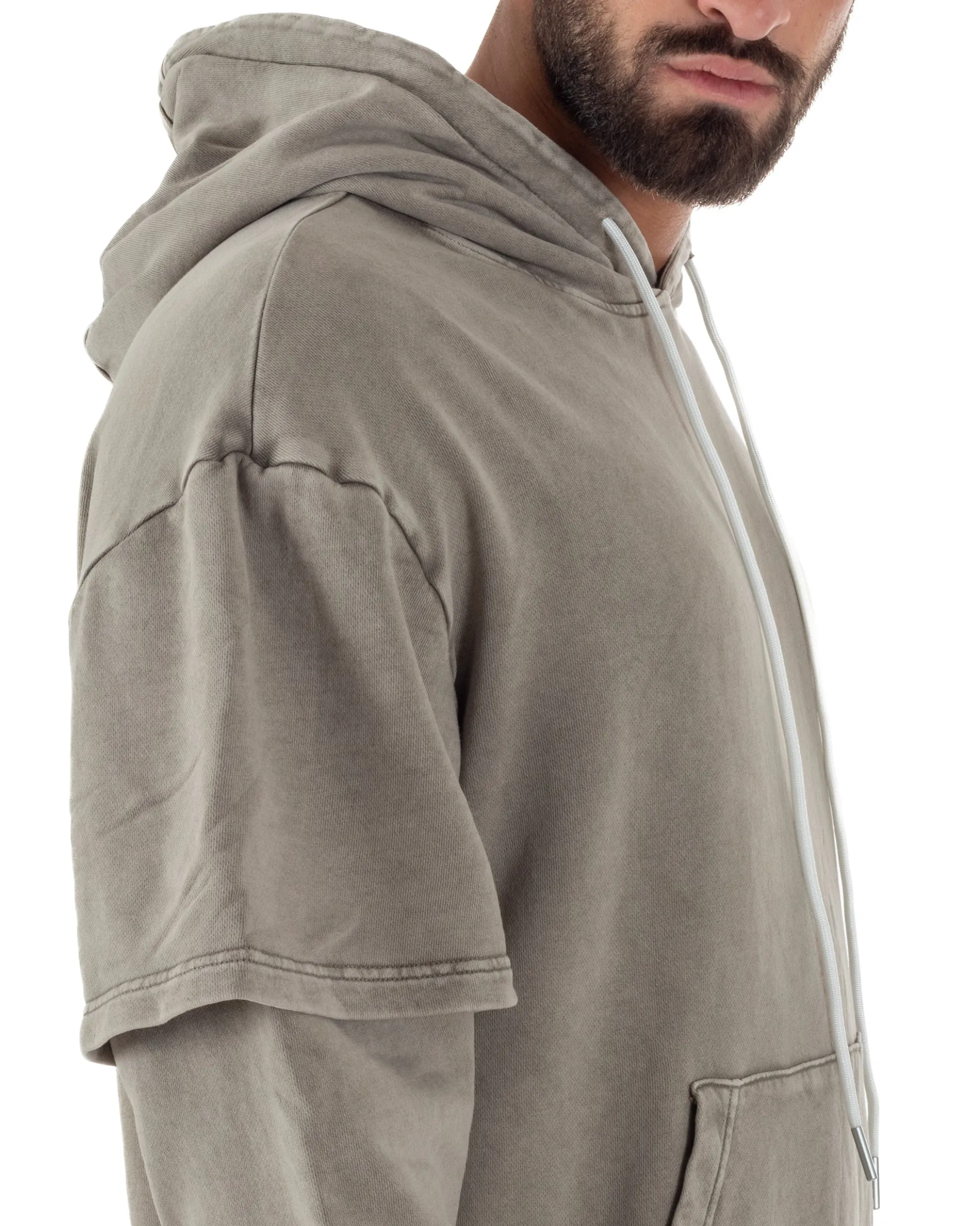 Felpa Uomo Long Sleeve Doppio Strato Slavata Boxy Fit Cappuccio Beige F3077A