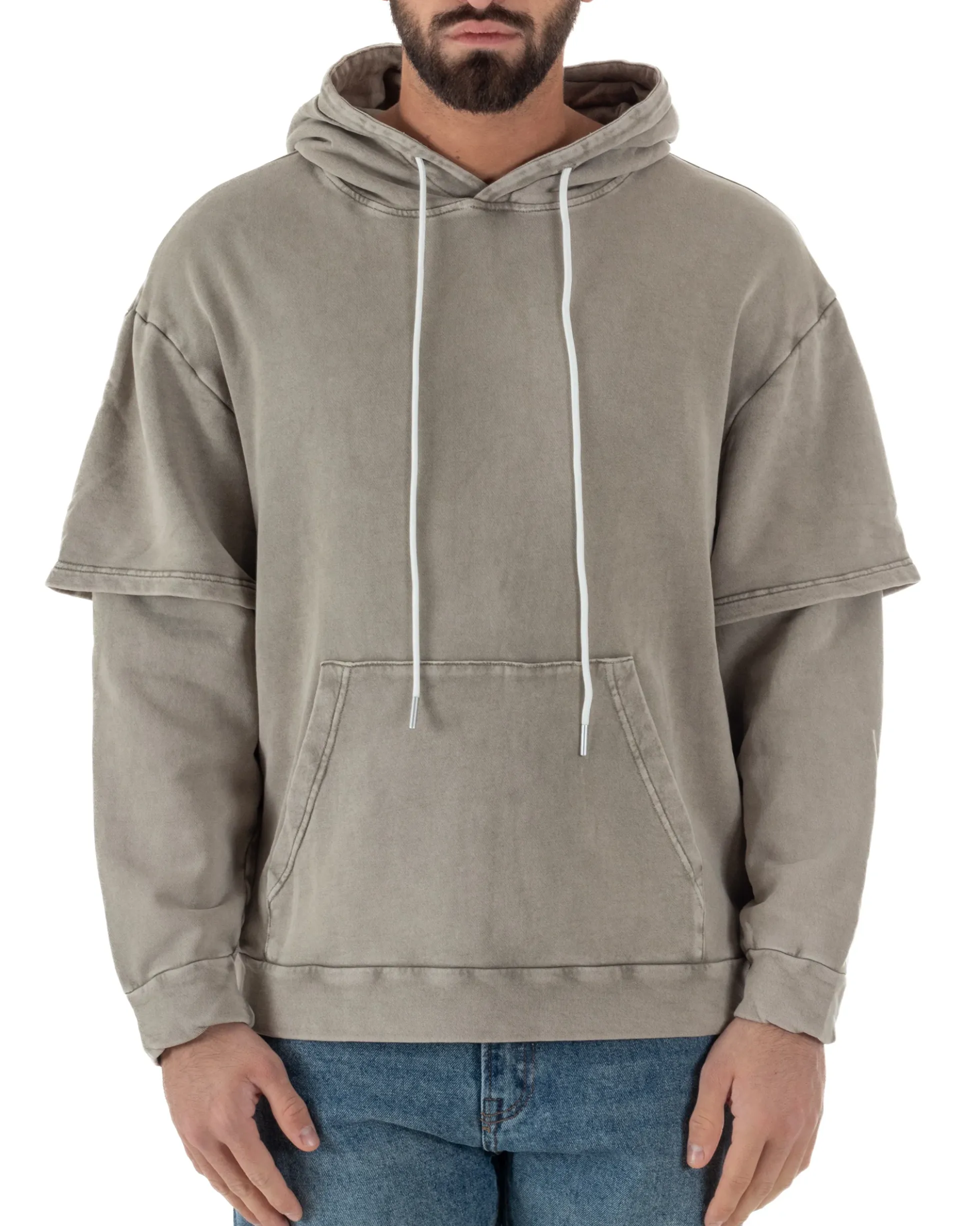Felpa Uomo Long Sleeve Doppio Strato Slavata Boxy Fit Cappuccio Beige F3077A