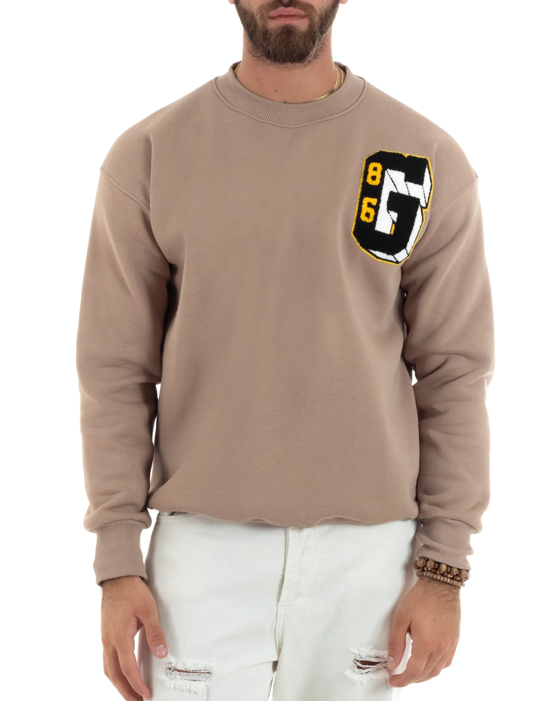 Felpa Uomo Manica Lunga Stampa Ricamo Lettera Tinta Unita Beige Felpata Casual Comfy GIOSAL-F3044A