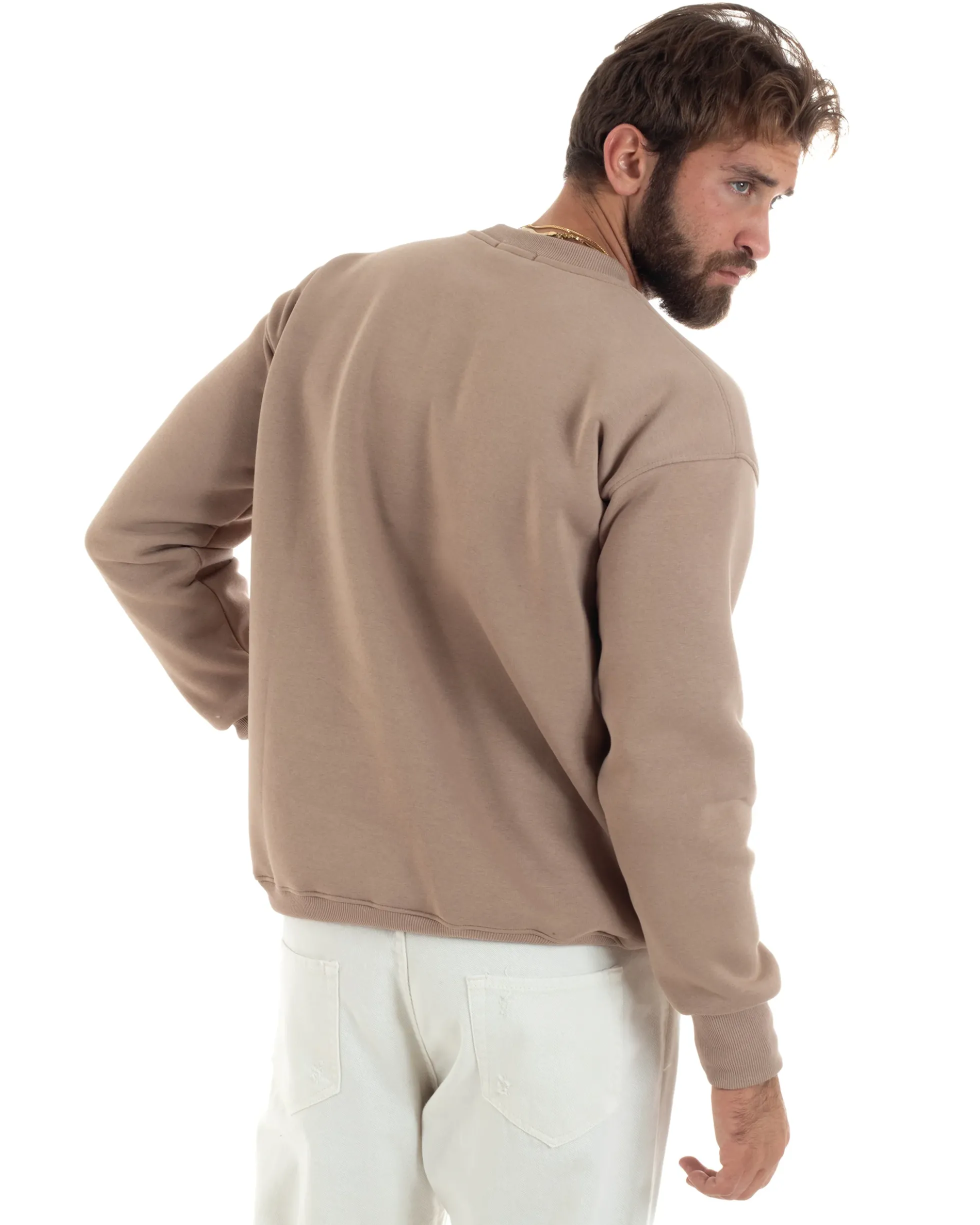 Felpa Uomo Manica Lunga Stampa Ricamo Lettera Tinta Unita Beige Felpata Casual Comfy GIOSAL-F3044A