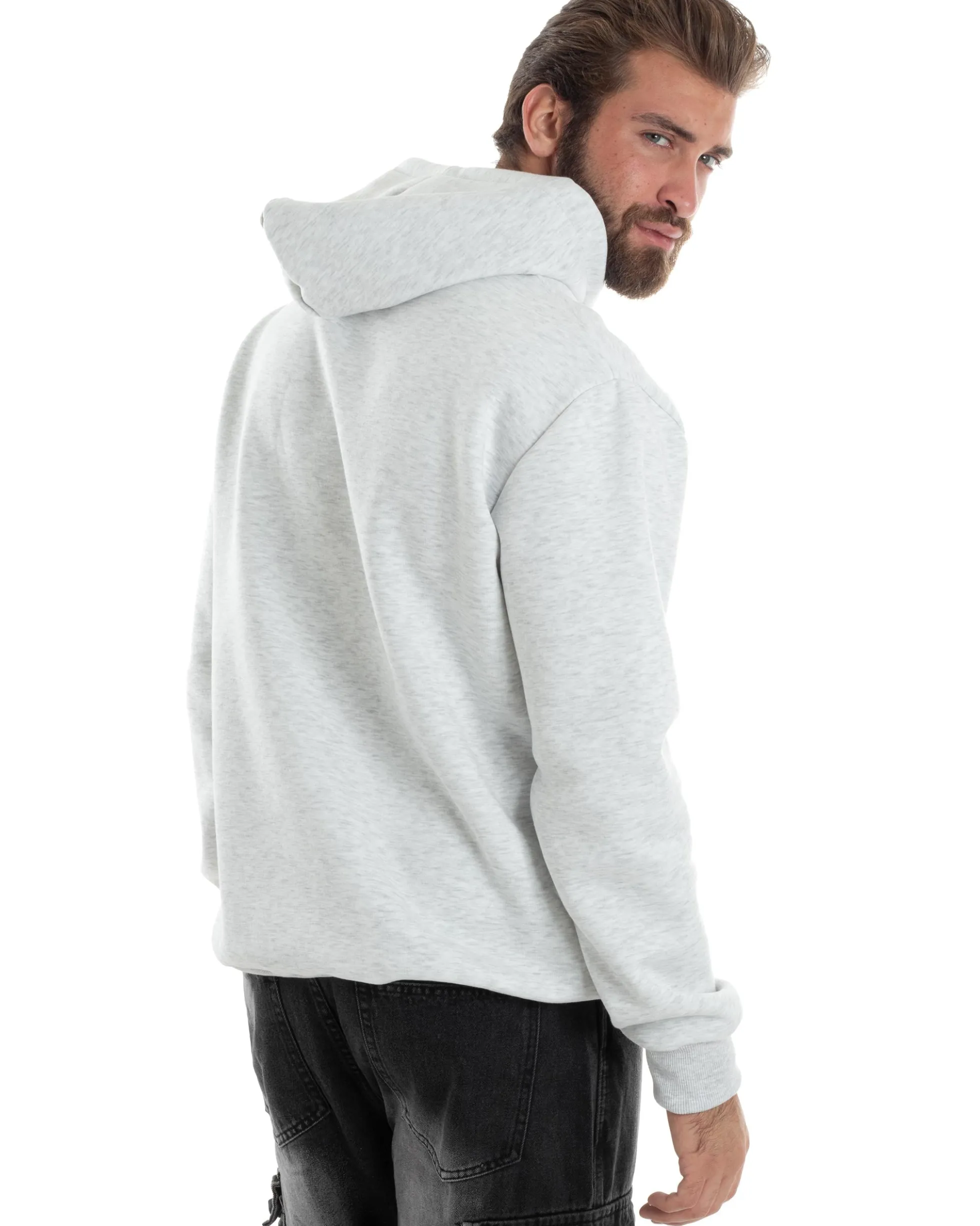 Felpa Uomo PolyCotton Con Cappuccio Maglia Calda Con Stampa Grigio Melange GIOSAL-F3036A