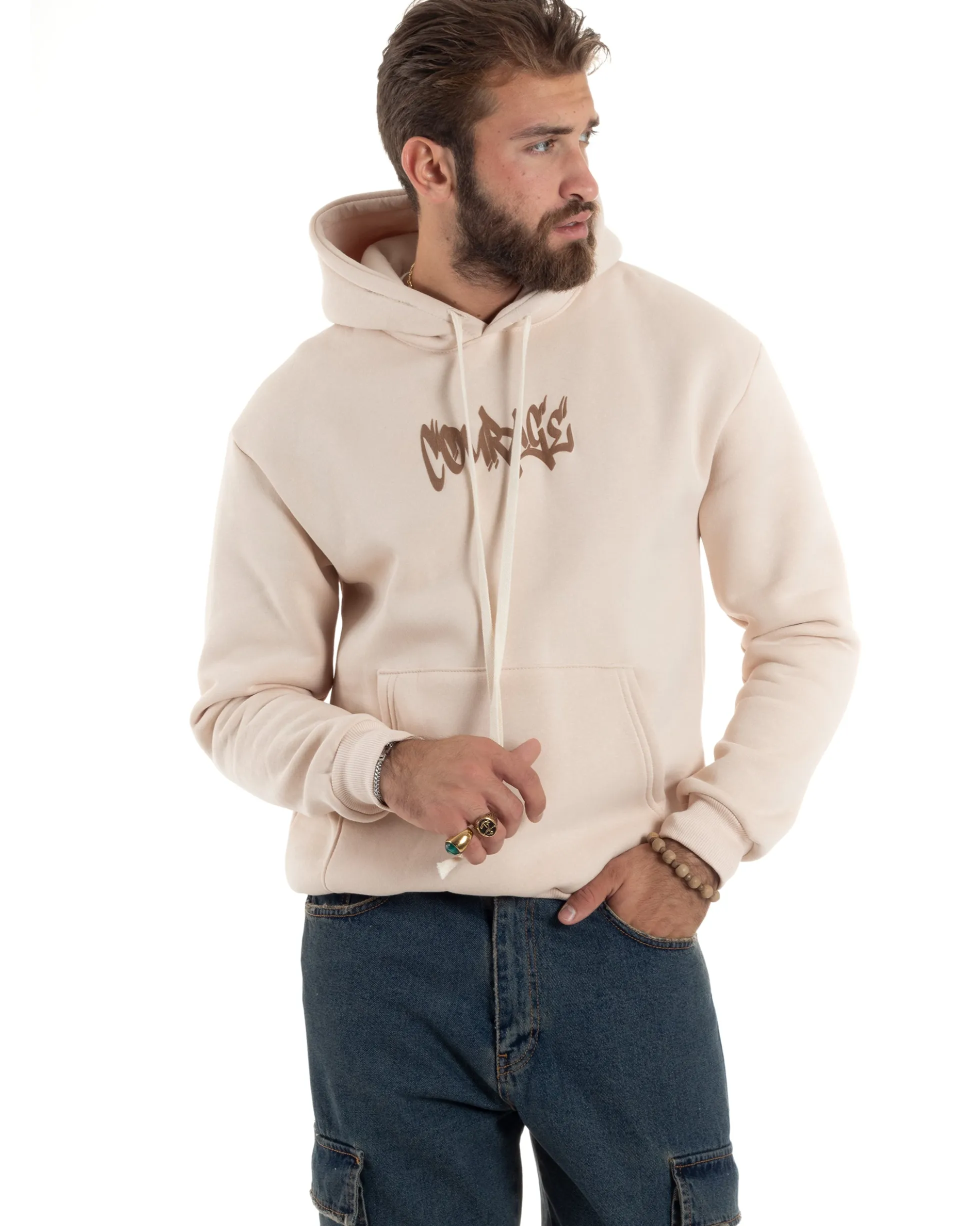 Felpa Uomo PolyCotton Garzata Maglia Calda Con Cappuccio Stampa E Tascone Relaxed Fit Beige GIOSAL-F3028A