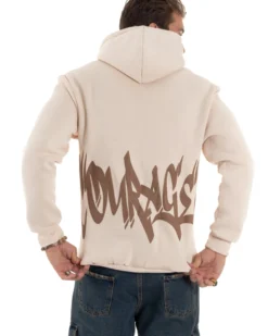 Felpa Uomo PolyCotton Garzata Maglia Calda Con Cappuccio Stampa E Tascone Relaxed Fit Beige GIOSAL-F3028A