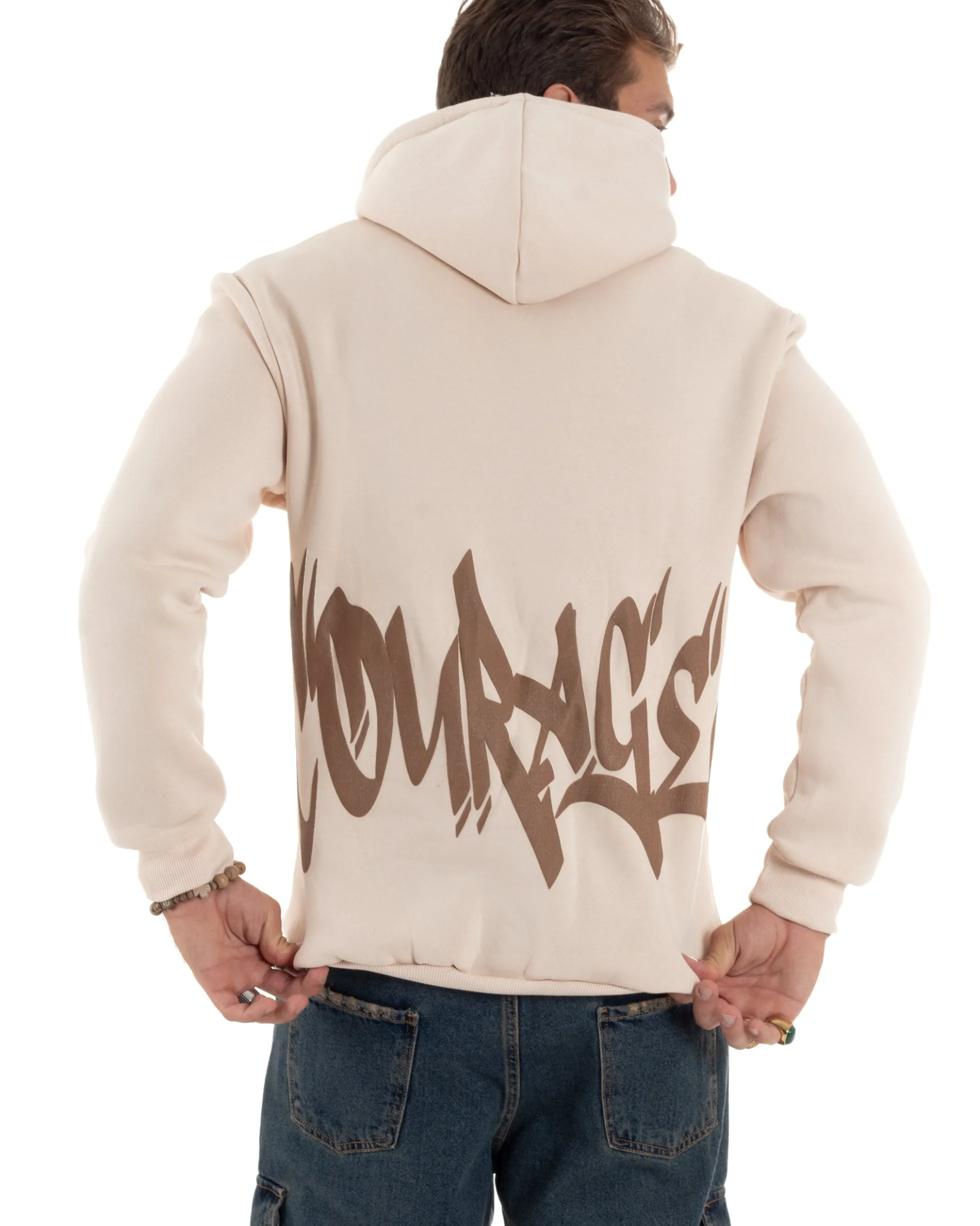 Felpa Uomo PolyCotton Garzata Maglia Calda Con Cappuccio Stampa E Tascone Relaxed Fit Beige GIOSAL-F3028A
