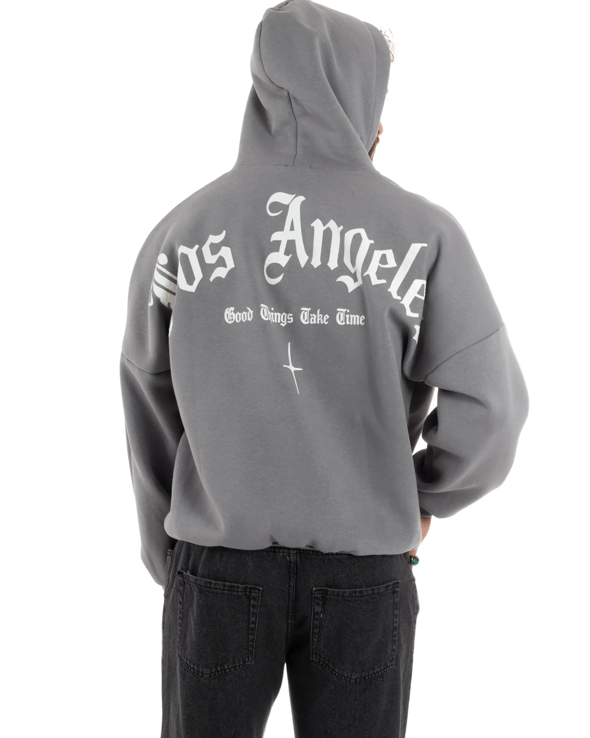 Felpa Uomo PolyCotton Garzata Con Cappuccio Regolabile Stampa Marsupio Maglia Casual Calda Oversize Grigio GIOSAL-F3032A
