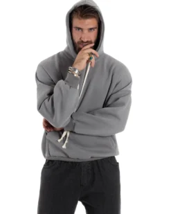 Felpa Uomo PolyCotton Garzata Con Cappuccio Regolabile Stampa Marsupio Maglia Casual Calda Oversize Grigio GIOSAL-F3032A