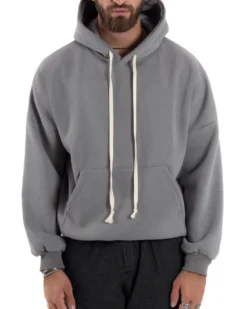 Felpa Uomo PolyCotton Garzata Con Cappuccio Regolabile Stampa Marsupio Maglia Casual Calda Oversize Grigio GIOSAL-F3032A