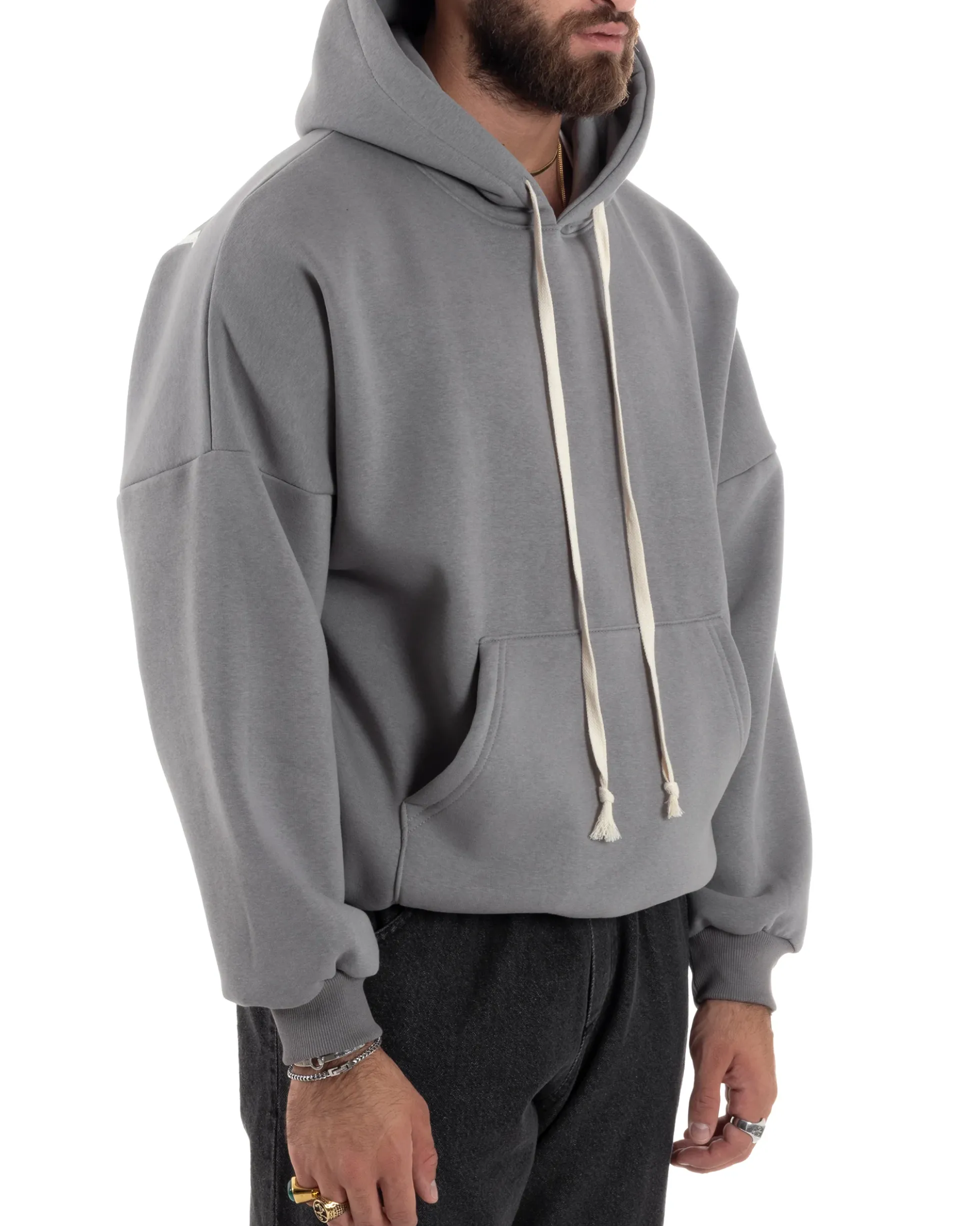 Felpa Uomo PolyCotton Garzata Con Cappuccio Regolabile Stampa Marsupio Maglia Casual Calda Oversize Grigio GIOSAL-F3032A
