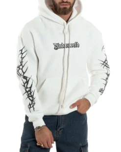 Felpa Uomo PolyCotton Garzata Con Stampa Cappuccio Maglia Calda Marsupio Relaxed Fit Bianco GIOSAL-F3030A