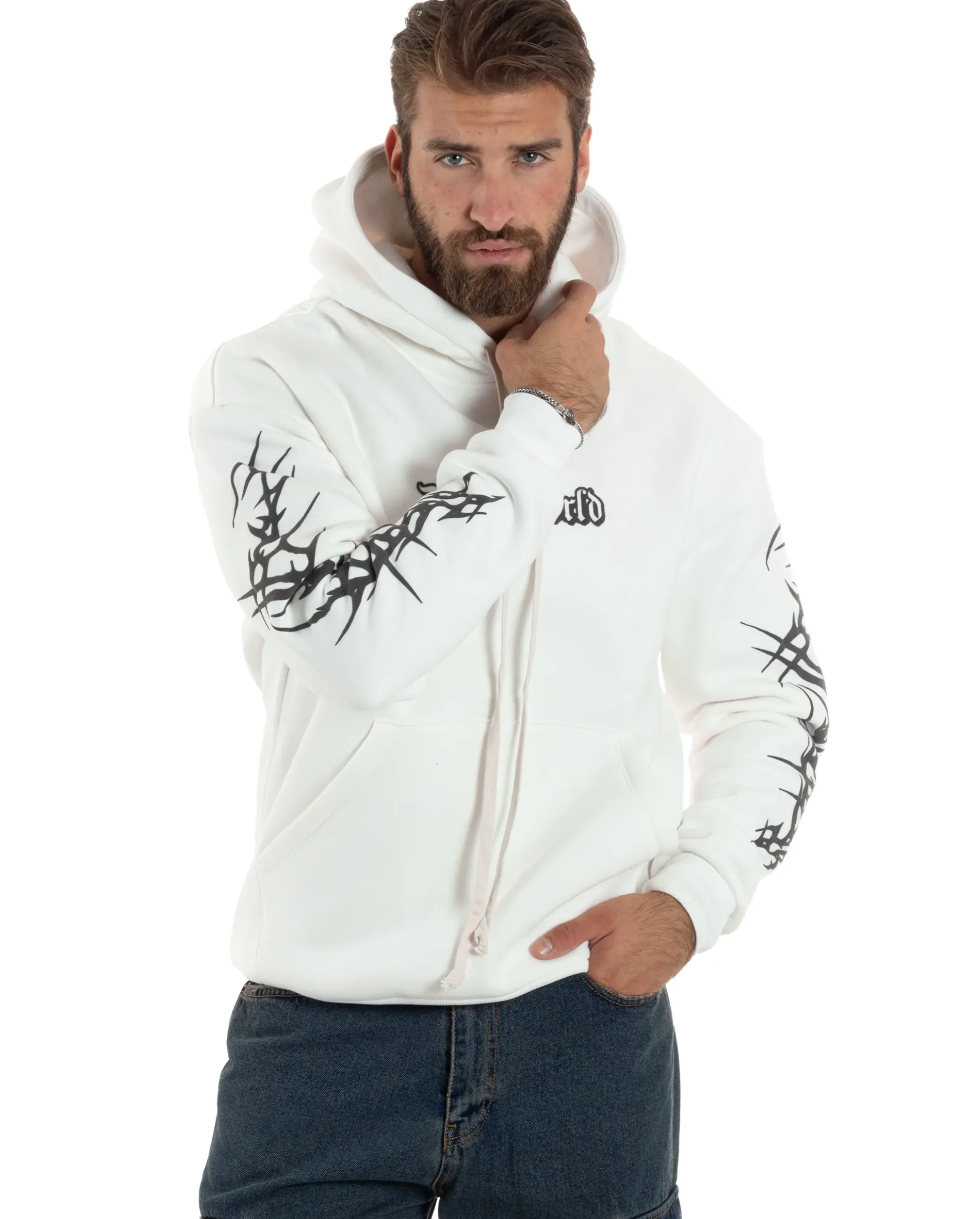 Felpa Uomo PolyCotton Garzata Con Stampa Cappuccio Maglia Calda Marsupio Relaxed Fit Bianco GIOSAL-F3030A