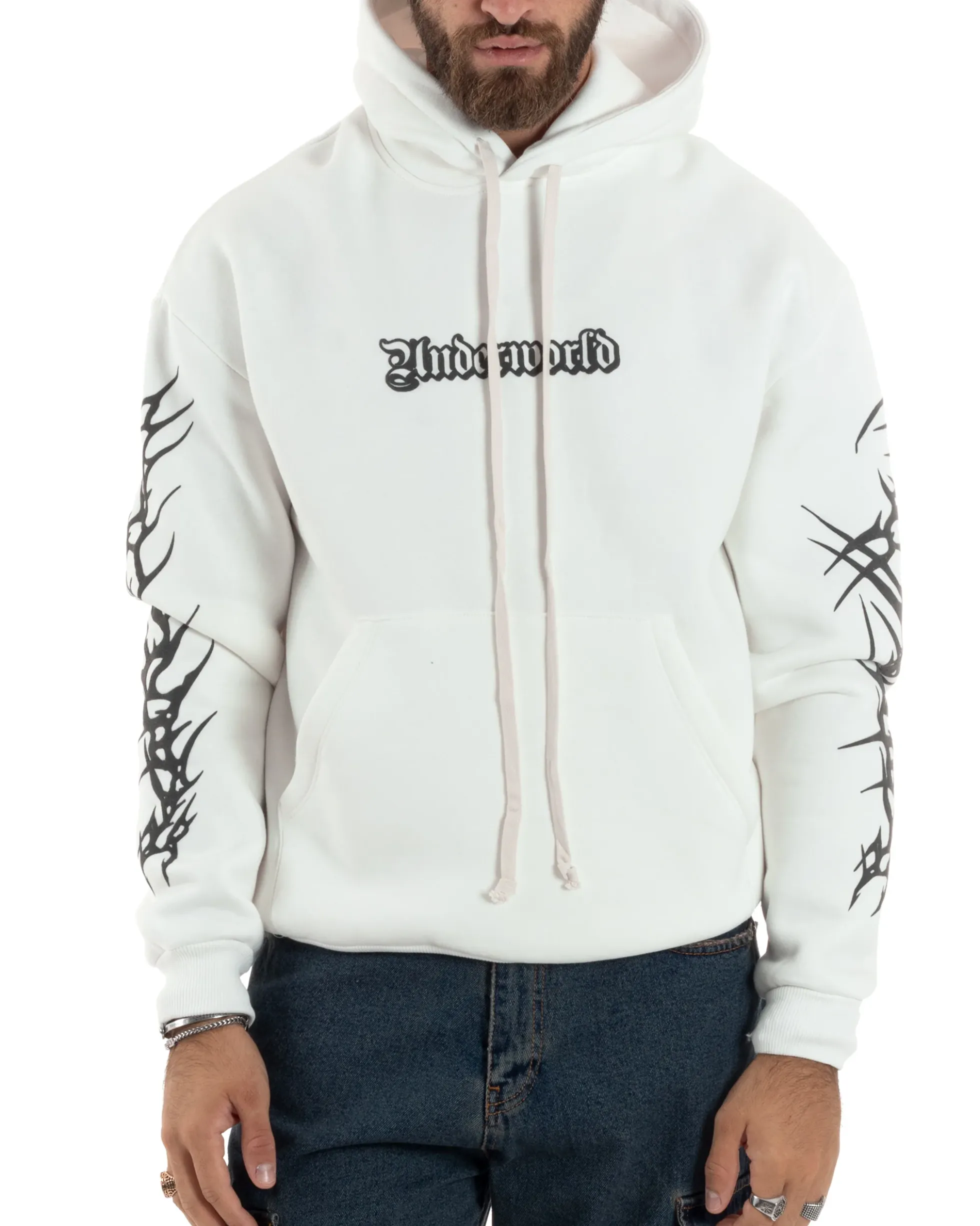 Felpa Uomo PolyCotton Garzata Con Stampa Cappuccio Maglia Calda Marsupio Relaxed Fit Bianco GIOSAL-F3030A