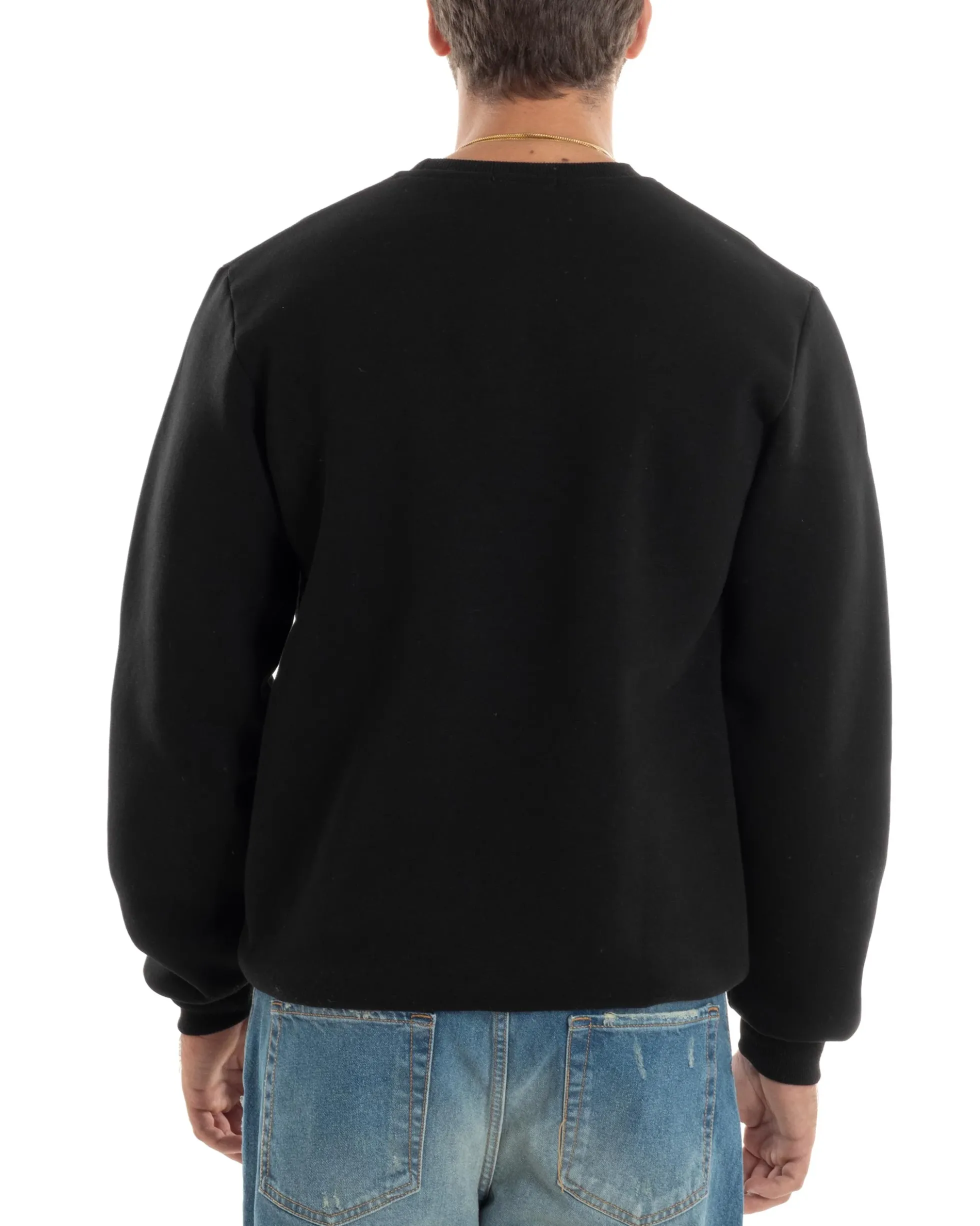 Felpa Uomo PolyCotton Girocollo Con Ricamo Maglia Garzata Calda Comoda Casual Nero GIOSAL-F3039A