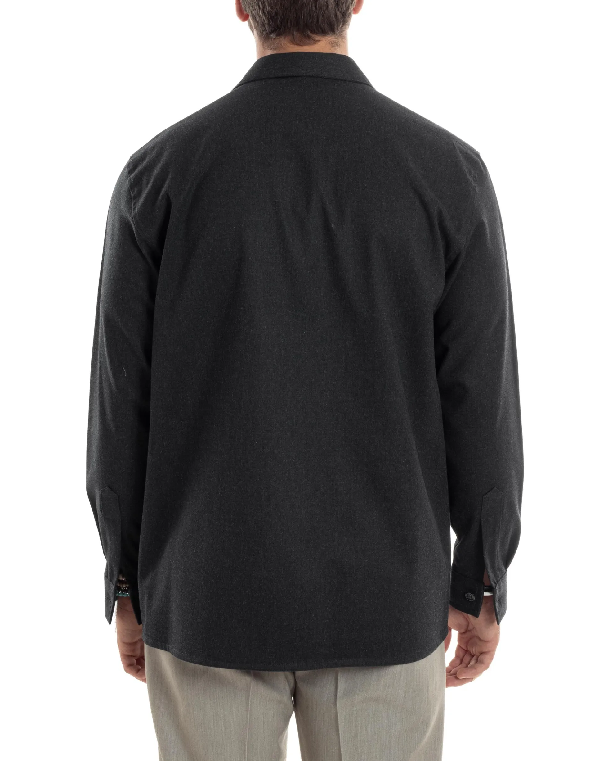 Giacca Sahariana Uomo Flanella Camicia Giubbotto Overshirt Tasconi E Colletto Camicione Casual Tinta Unita Nero GIOSAL-G3278A