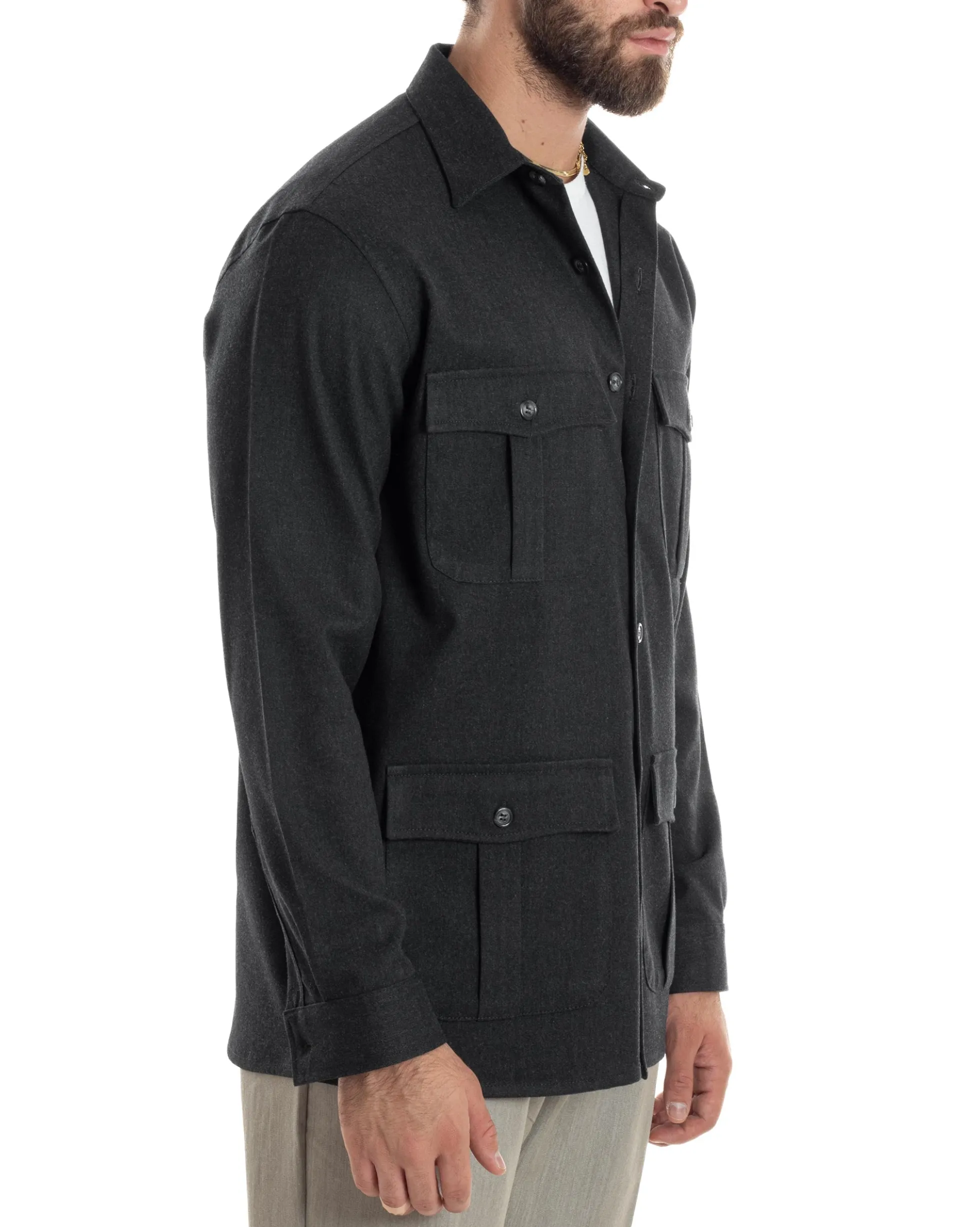 Giacca Sahariana Uomo Flanella Camicia Giubbotto Overshirt Tasconi E Colletto Camicione Casual Tinta Unita Nero GIOSAL-G3278A