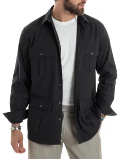 Giacca Sahariana Uomo Flanella Camicia Giubbotto Overshirt Tasconi E Colletto Camicione Casual Tinta Unita Nero GIOSAL-G3278A