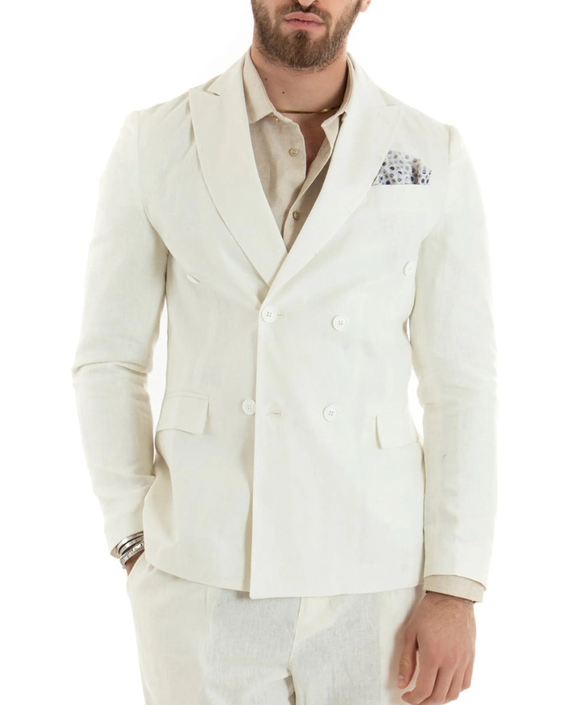 Giacca Uomo Doppiopetto Lino Tinta Unita Panna Sartoriale Cerimonia Elegante Casual GIOSAL-G3064A