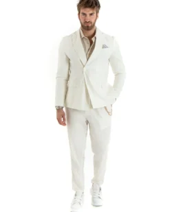 Giacca Uomo Doppiopetto Lino Tinta Unita Panna Sartoriale Cerimonia Elegante Casual GIOSAL-G3064A