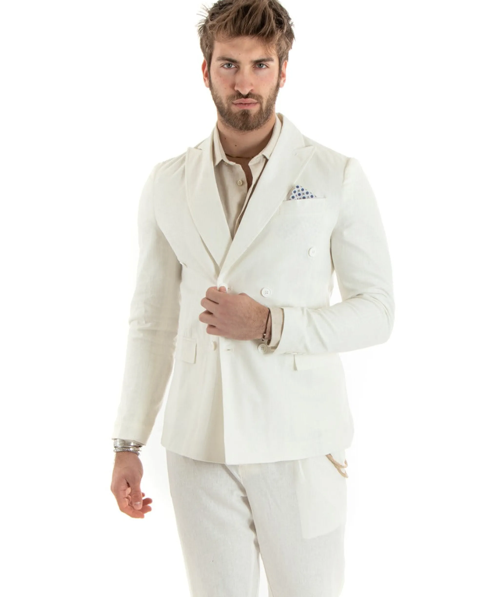 Giacca Uomo Doppiopetto Lino Tinta Unita Panna Sartoriale Cerimonia Elegante Casual GIOSAL-G3064A