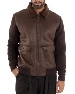 Giubbotto Ecopelle Maniche Maglia College Collo Pelliccia Marrone G3347A
