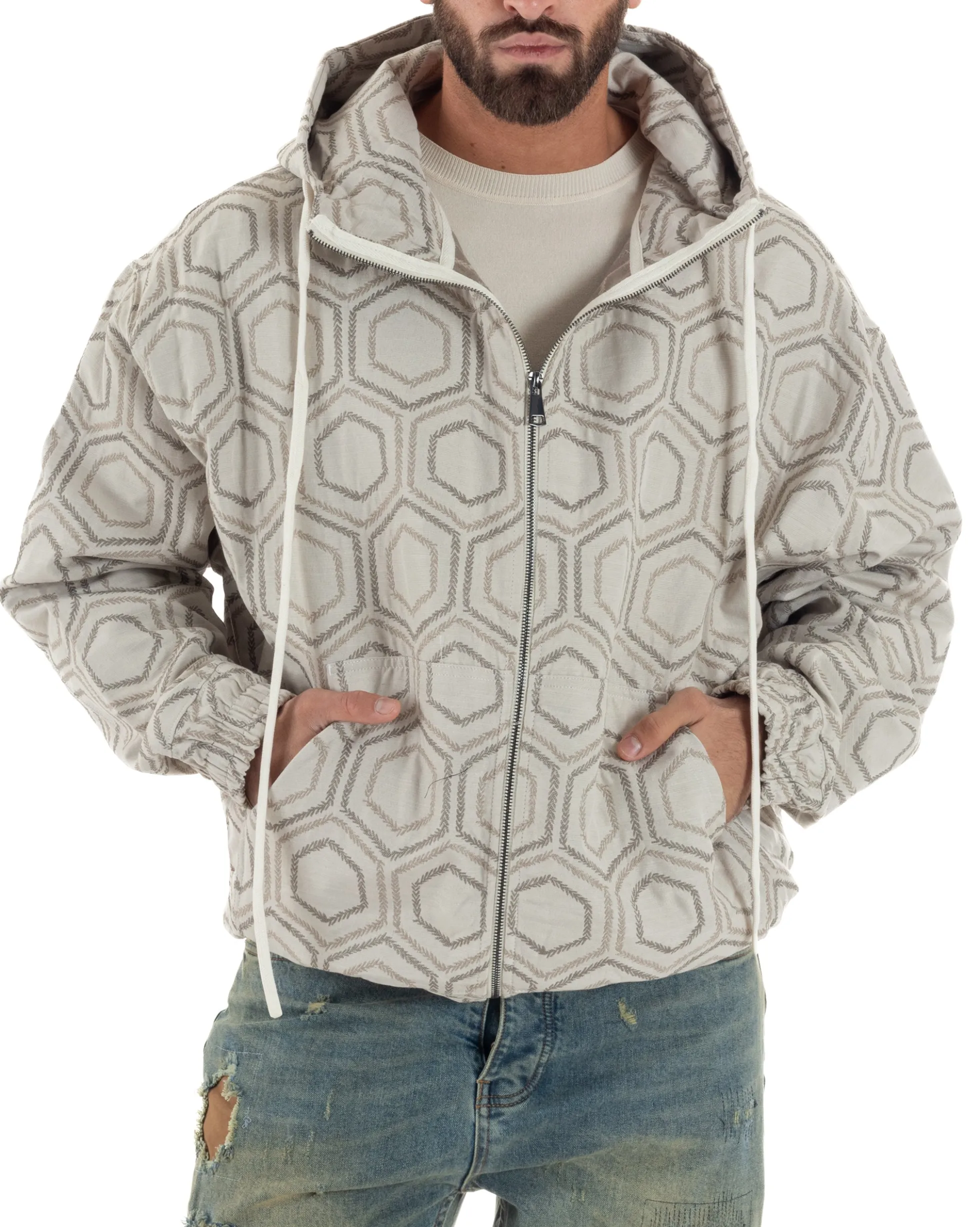 Giubbotto giacca bomber uomo cappuccio oversize crop beige GIOSAL-G3398A