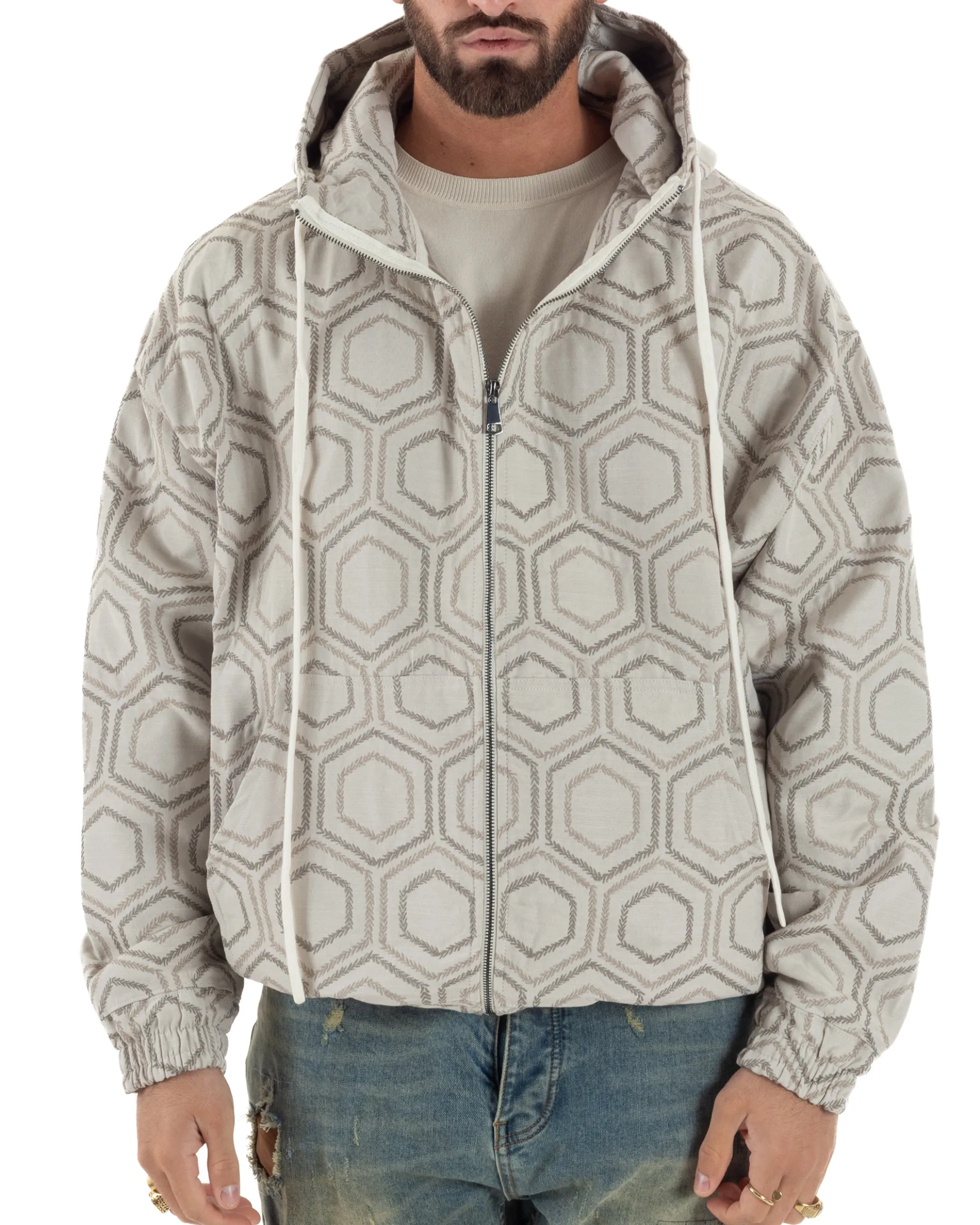 Giubbotto giacca bomber uomo cappuccio oversize crop beige GIOSAL-G3398A