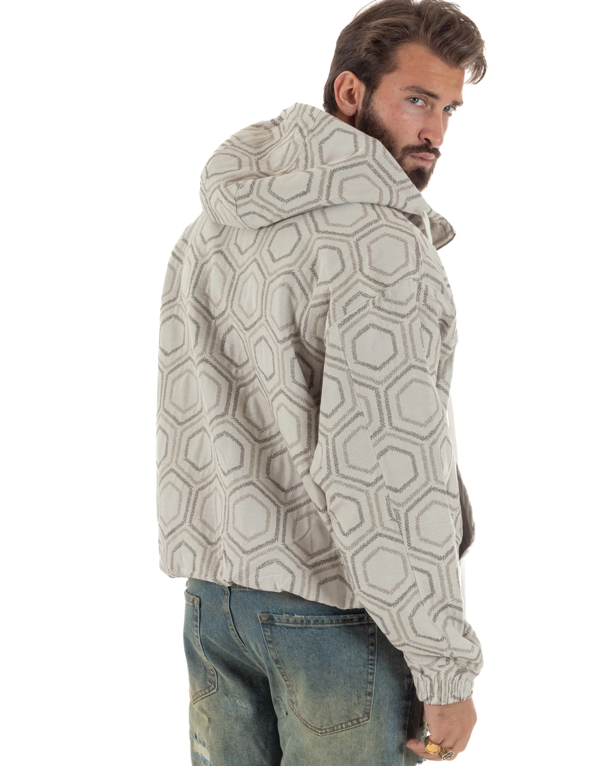 Giubbotto giacca bomber uomo cappuccio oversize crop beige GIOSAL-G3398A