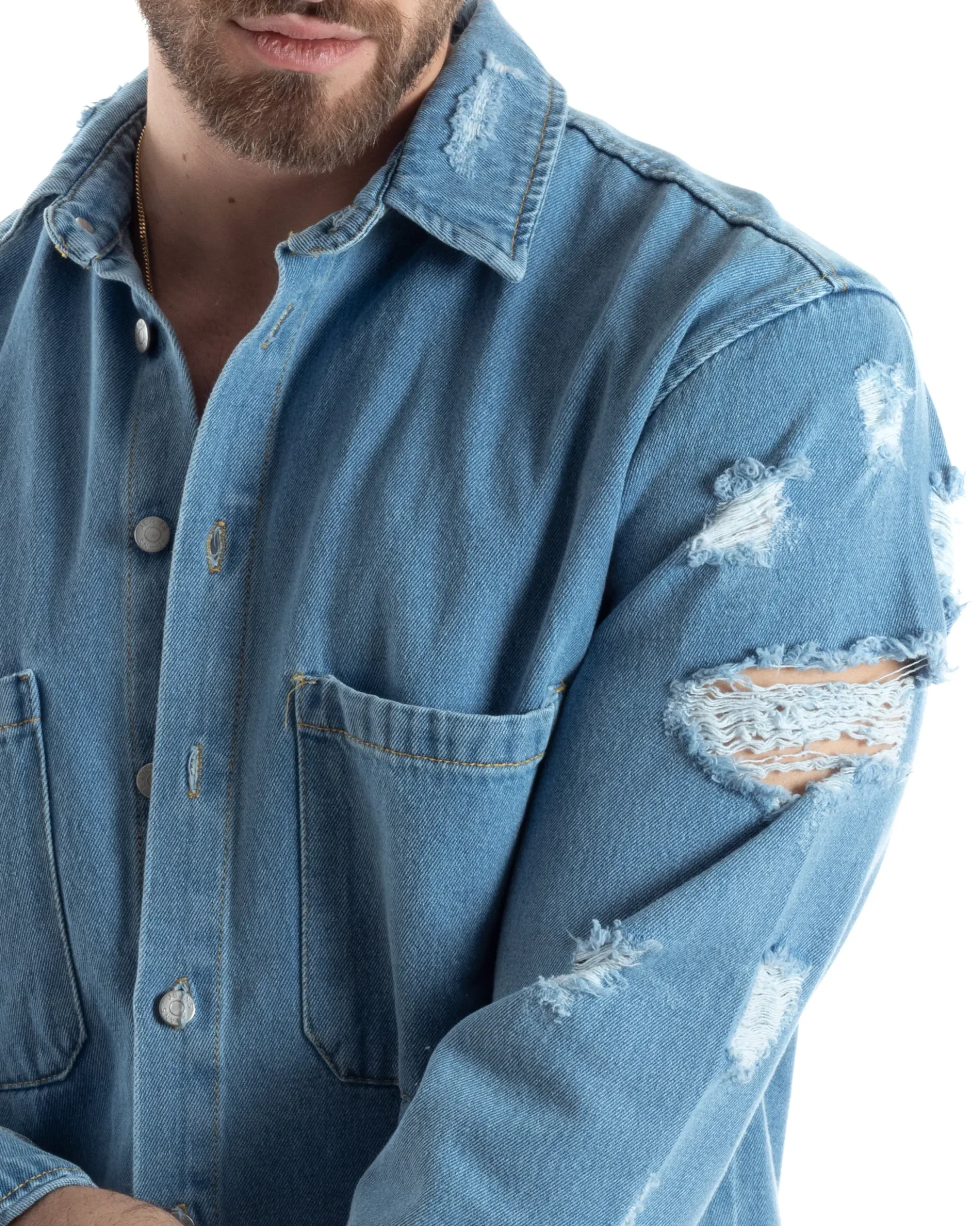 Giubbotto Jeans Uomo Camicione Con Colletto Giacca Con Rotture Denim GIOSAL-G3173A