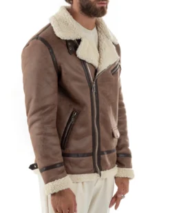 Giubbotto montone uomo camoscio imbottito chiodo giacca aviatore zip pelliccia camel GIOSAL-G3222A