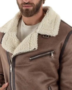 Giubbotto montone uomo camoscio imbottito chiodo giacca aviatore zip pelliccia camel GIOSAL-G3222A
