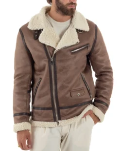 Giubbotto montone uomo camoscio imbottito chiodo giacca aviatore zip pelliccia camel GIOSAL-G3222A