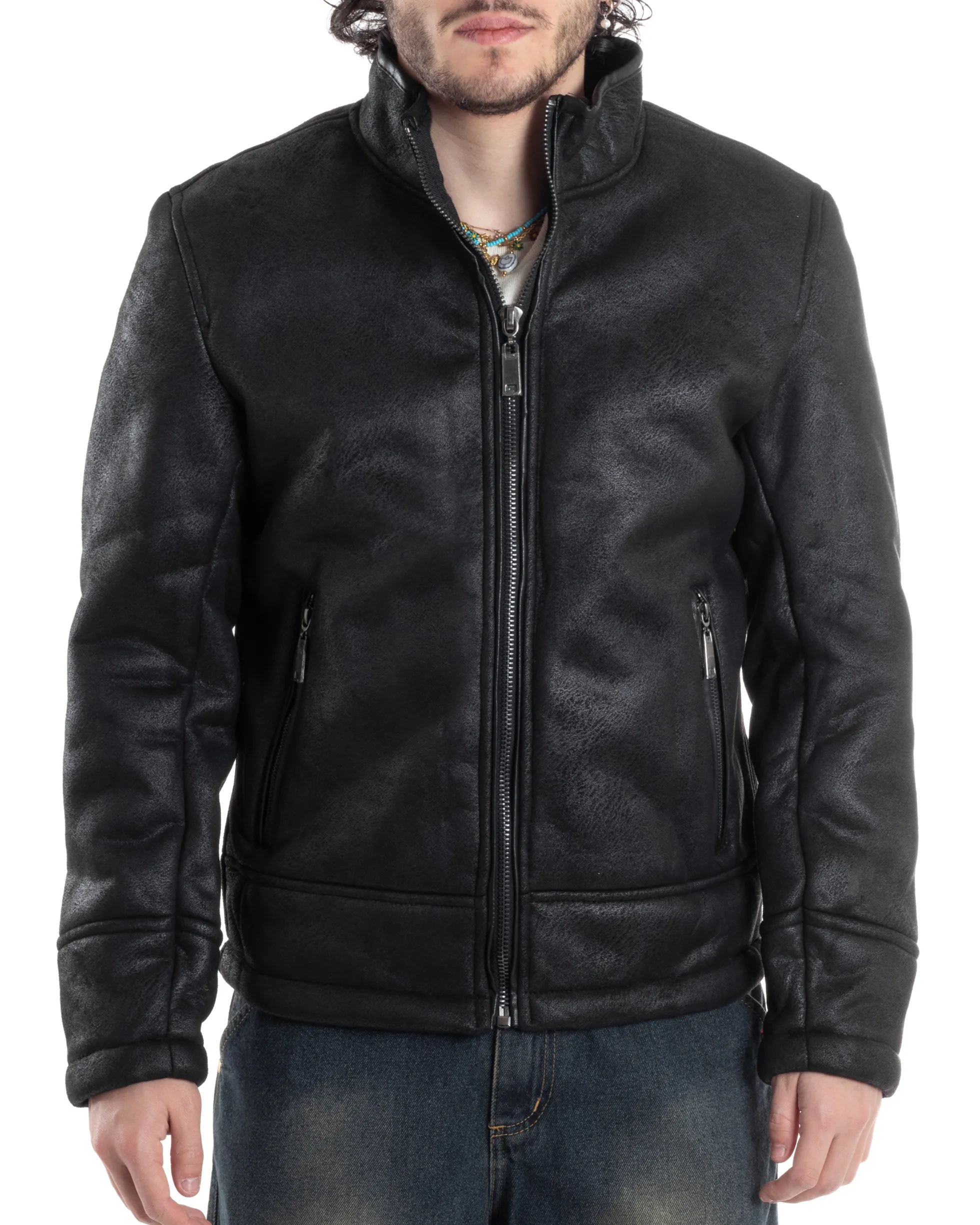 Giubbotto Montone Uomo Camoscio Imbottito Con Collo Casual Giacca Aviatore Con Zip Nero GIOSAL-G3286A