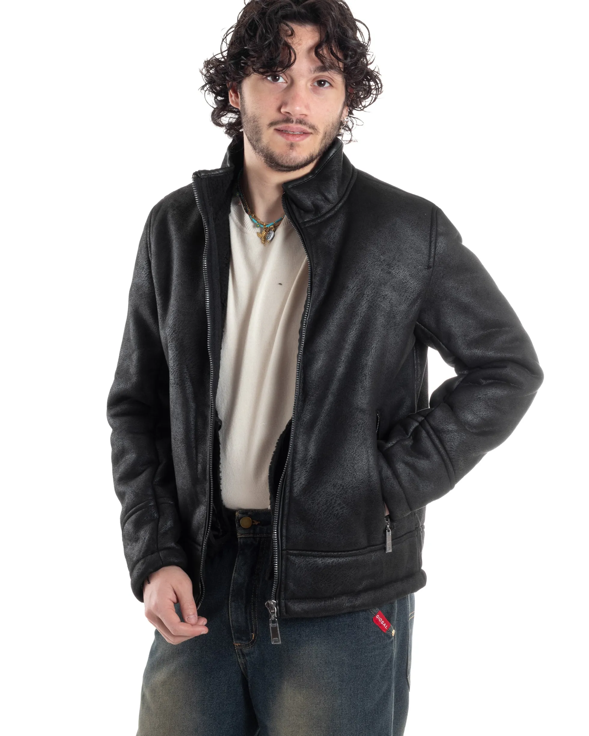 Giubbotto Montone Uomo Camoscio Imbottito Con Collo Casual Giacca Aviatore Con Zip Nero GIOSAL-G3286A