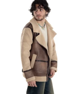 Giubbotto Montone Uomo Camoscio Chiodo Caldo Pelliccia Teddy Giacca Aviatore Zip Camel GIOSAL-G3285A