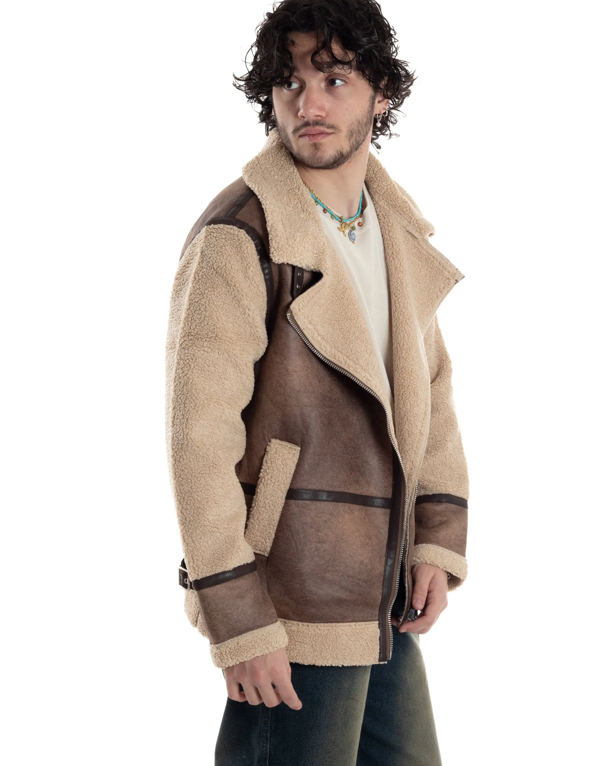 Giubbotto Montone Uomo Camoscio Chiodo Caldo Pelliccia Teddy Giacca Aviatore Zip Camel GIOSAL-G3285A