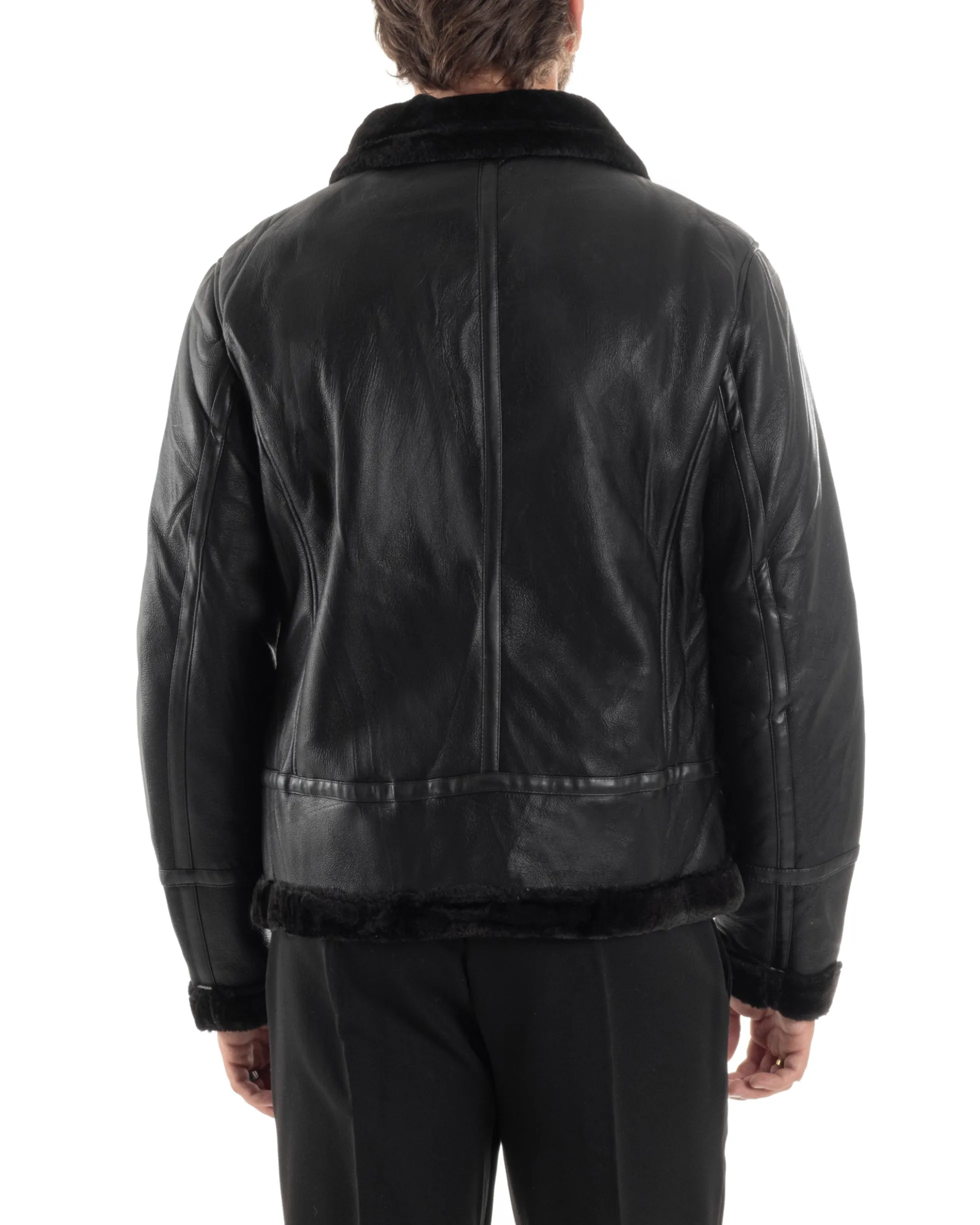 Giubbotto Montone Uomo Ecopelle College Con Zip Giacca Con Collo Imbottito Caldo Aviatore Con Pelliccia Casual Nero GIOSAL-G3225A