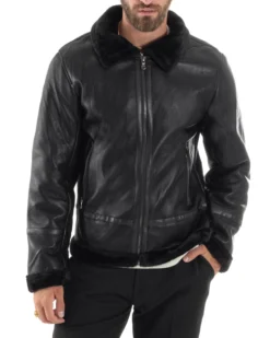 Giubbotto Montone Uomo Ecopelle College Con Zip Giacca Con Collo Imbottito Caldo Aviatore Con Pelliccia Casual Nero GIOSAL-G3225A