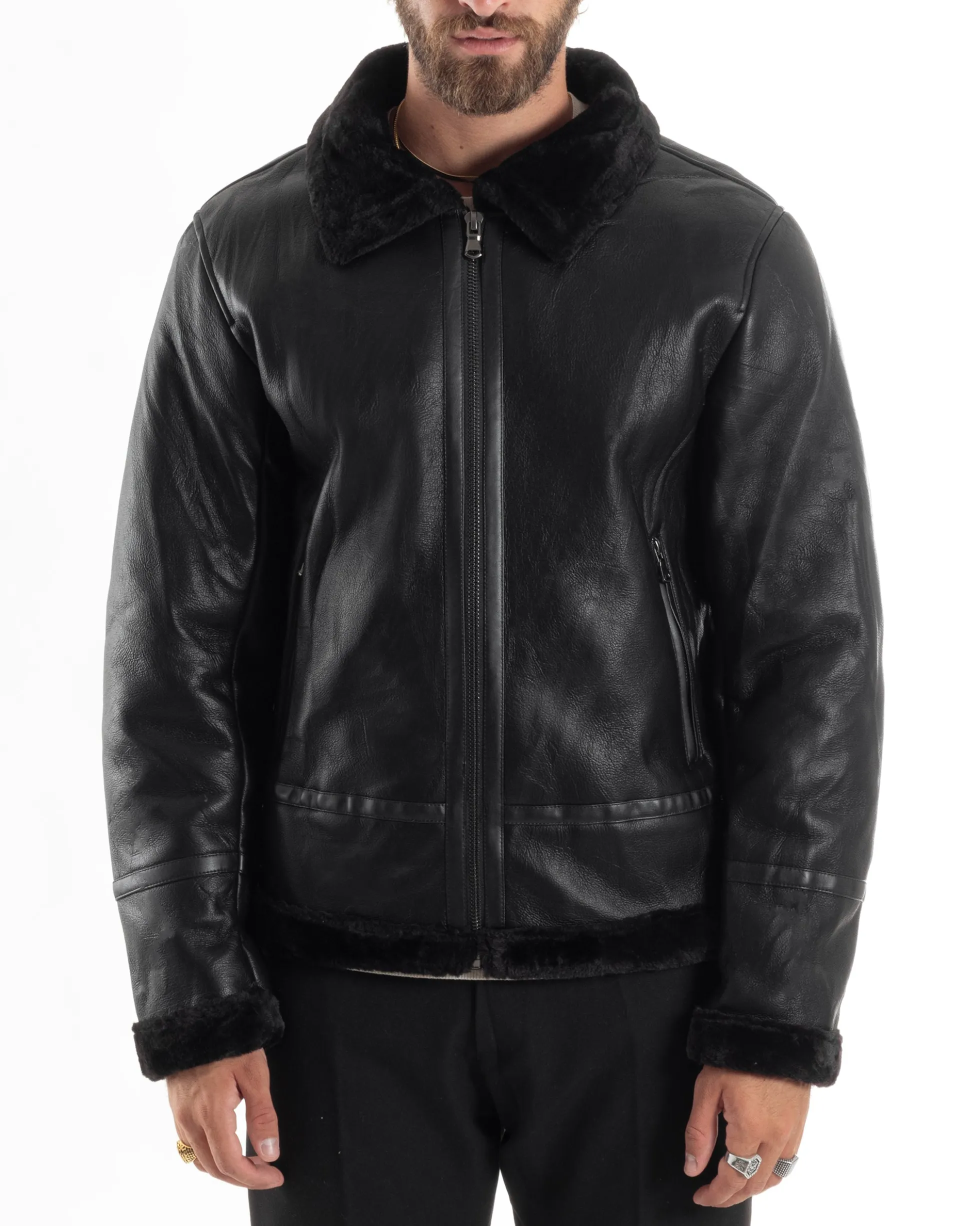 Giubbotto Montone Uomo Ecopelle College Con Zip Giacca Con Collo Imbottito Caldo Aviatore Con Pelliccia Casual Nero GIOSAL-G3225A