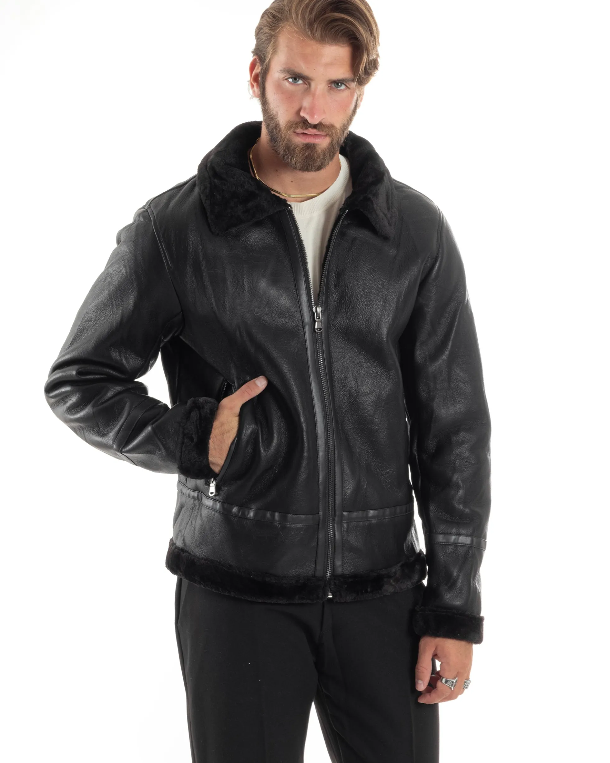 Giubbotto Montone Uomo Ecopelle College Con Zip Giacca Con Collo Imbottito Caldo Aviatore Con Pelliccia Casual Nero GIOSAL-G3225A