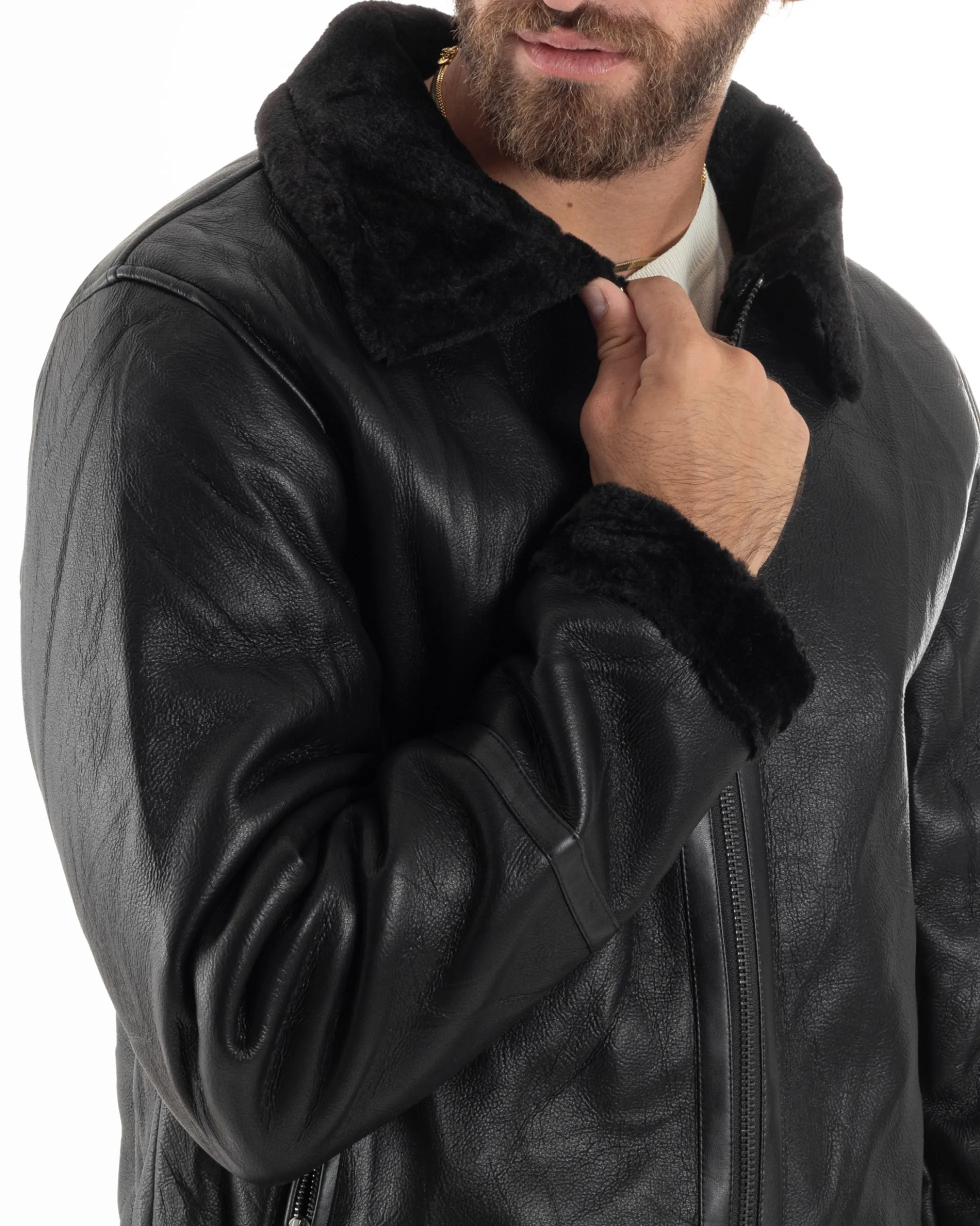 Giubbotto Montone Uomo Ecopelle College Con Zip Giacca Con Collo Imbottito Caldo Aviatore Con Pelliccia Casual Nero GIOSAL-G3225A