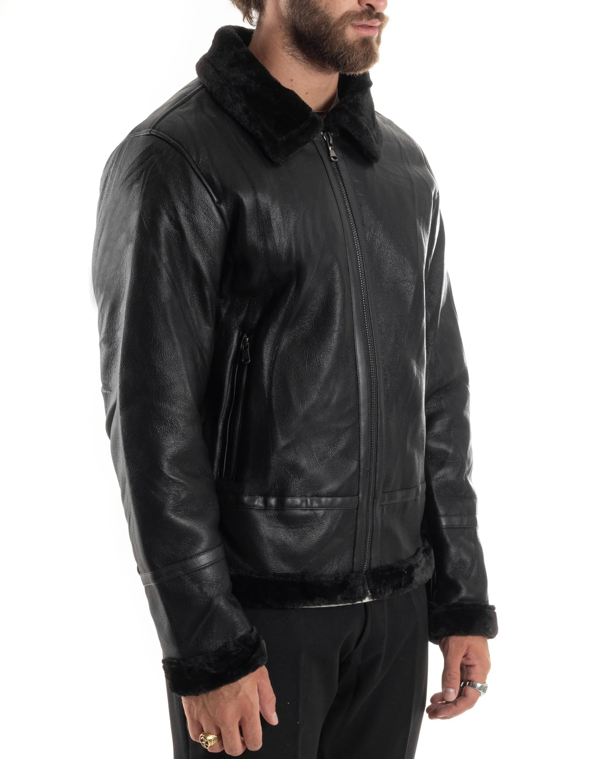 Giubbotto Montone Uomo Ecopelle College Con Zip Giacca Con Collo Imbottito Caldo Aviatore Con Pelliccia Casual Nero GIOSAL-G3225A